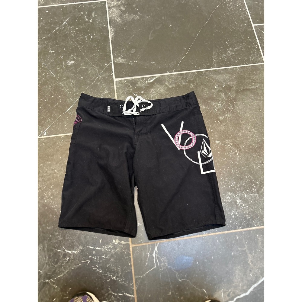 Volcom Miss Mod Womens Black Board Shorts Pink Graphic Swim Trunks Size 9